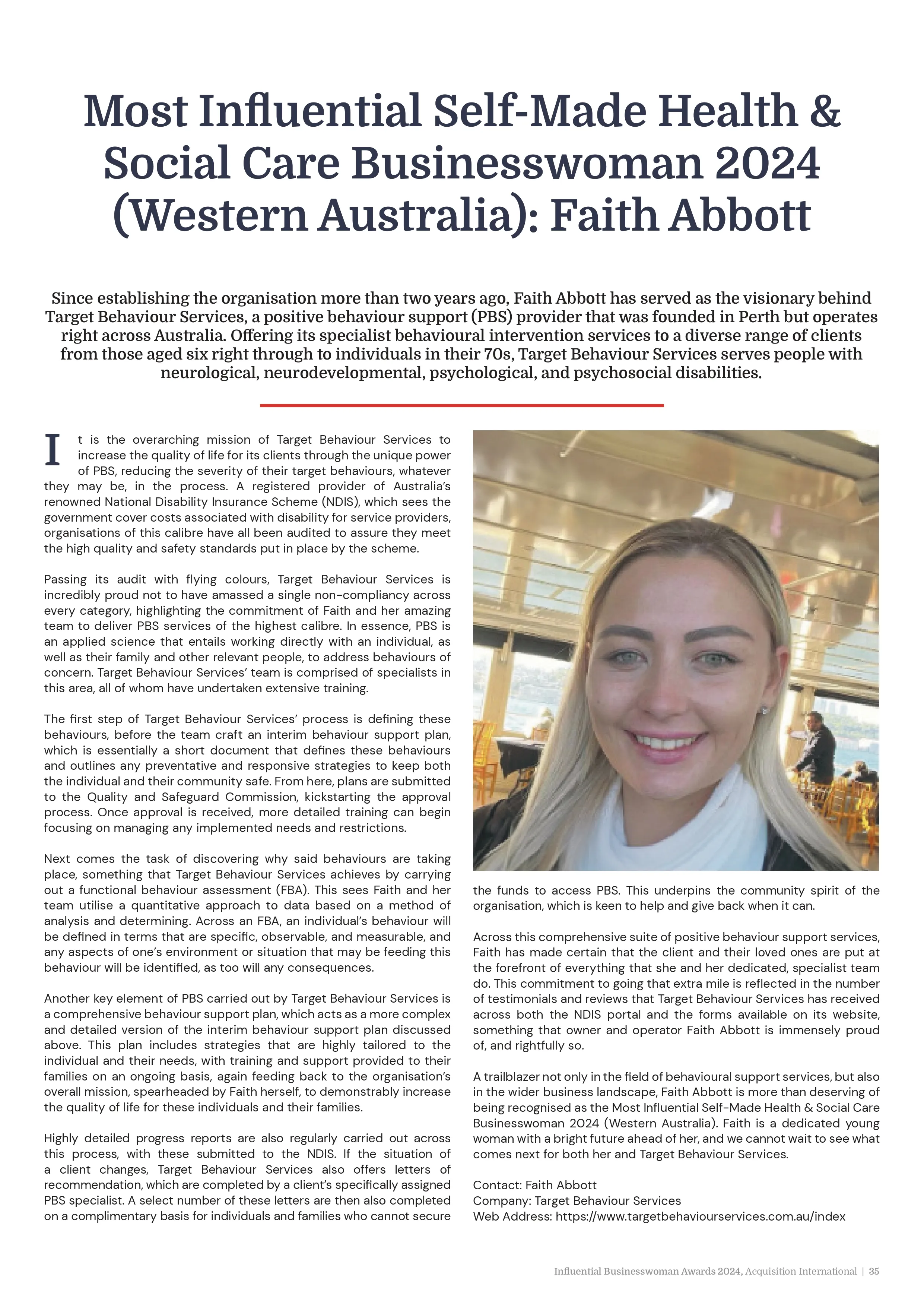 Most influential self made health & social care businesswoman 2024 (western australia) Faith Abbott article